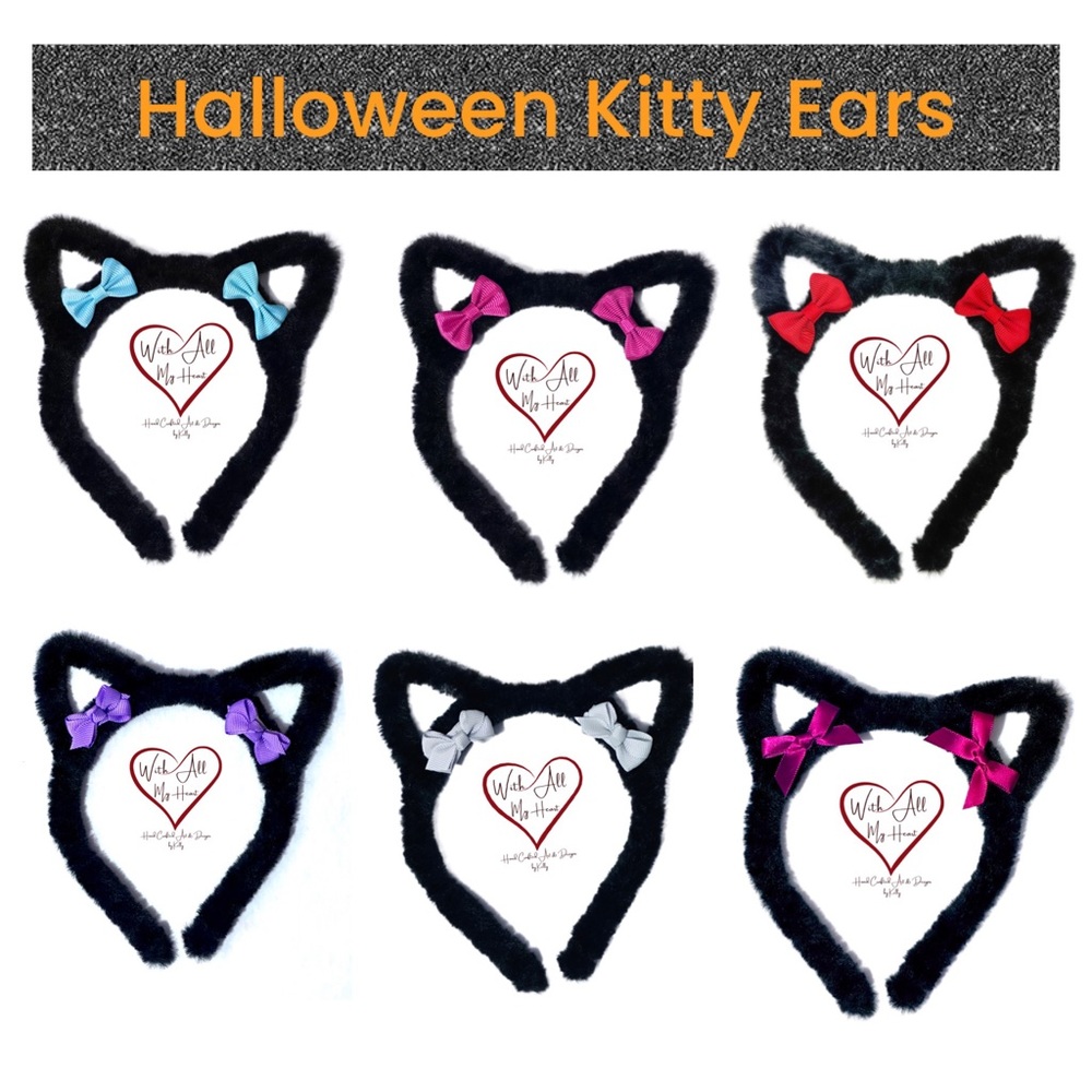 Fuzzy Black Cat Ears Headband- NWT- Handmade- with/without bows-